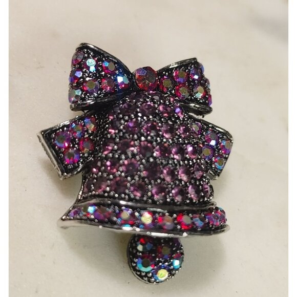 Rhinestone Gems Red Fire Purple Bell Brooch Pin Bow Moving Vintage Silvertone - Picture 10 of 12